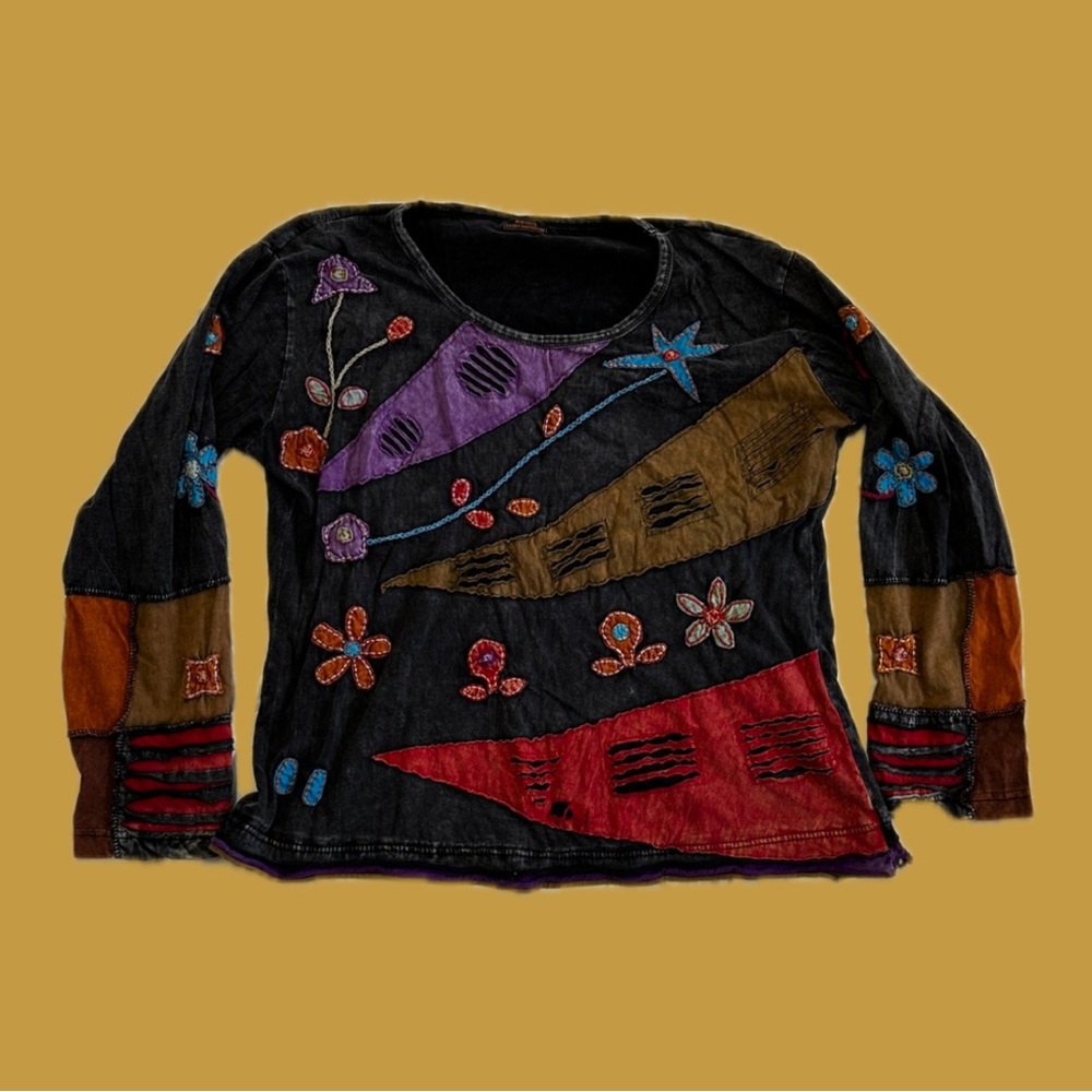 Vintage Hand embroidered long sleeve women’s shirt, size XL